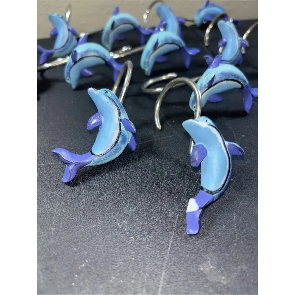 Dolphin Shower Curtain Hooks 12 Resin Whimsical Metal Rings 1 Broken Fin